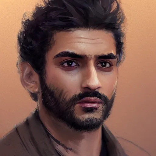 Image similar to Portrait of a man by Greg Rutkowski, he is about 30 years old, mixture between persian, indian and texan, wide forehead, short black hair, manly, attractive, strong and burly, he is wearing a utilitarian beige and black jumpsuit, highly detailed portrait, scifi, digital painting, artstation, concept art, smooth, sharp foccus ilustration, Artstation HQ