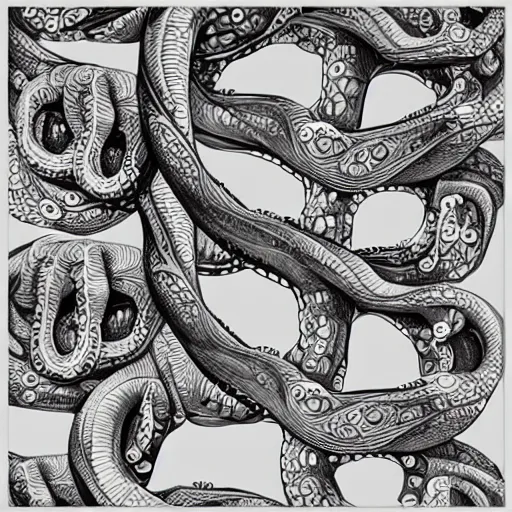 Prompt: interlocking shapes of fishes turning into octopuses, M.c. Escher, black and white, 4k