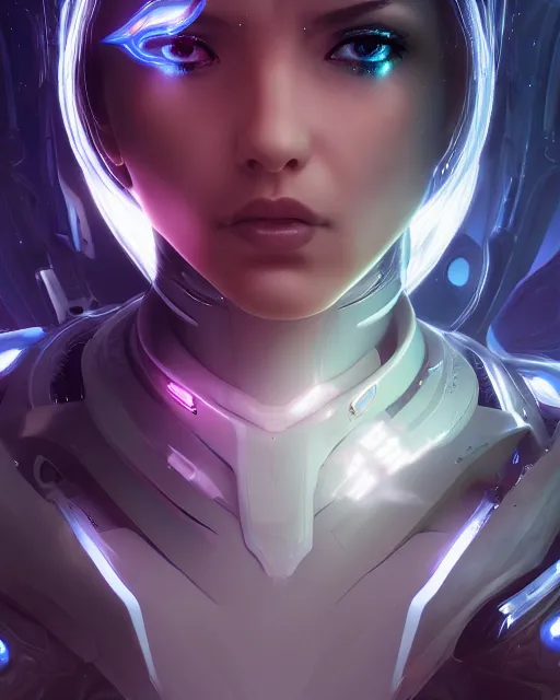 Image similar to perfect android girl on a mothership, warframe armor, beautiful face, scifi, futuristic, galaxy, nebula, raytracing, dreamy, long white hair, blue cyborg eyes, sharp focus, cinematic lighting, highly detailed, artstation, divine, by gauthier leblanc, kazuya takahashi, huifeng huang