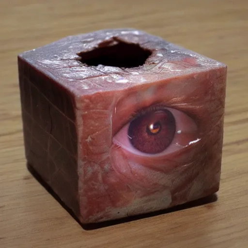 Image similar to ultra realistic cube made out of human skin, single big human eye coming out of the skin cube