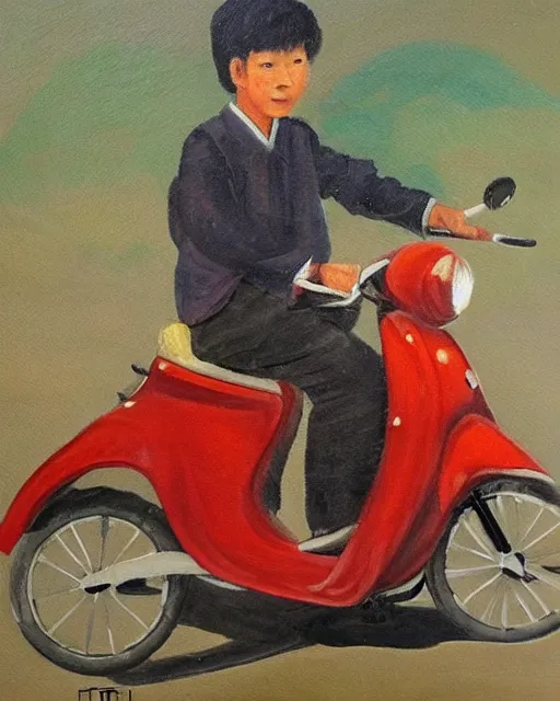 Image similar to asian school boy riding moped, aged oil painting by mai trung thu