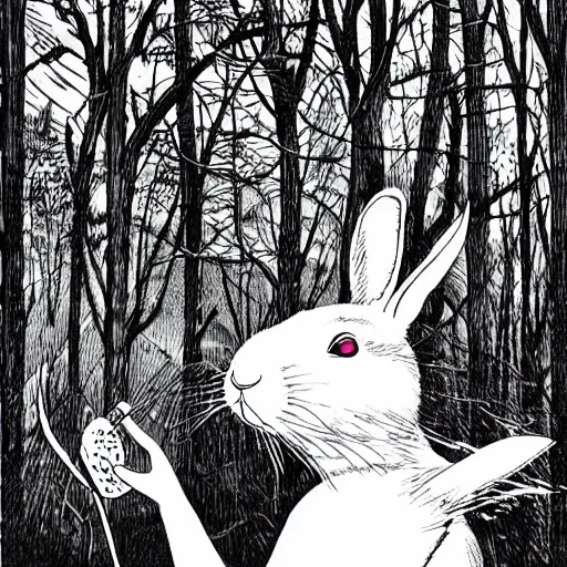 Image similar to a rabbit smoking deep in the forest, black and white illustration, creative design by junji ito