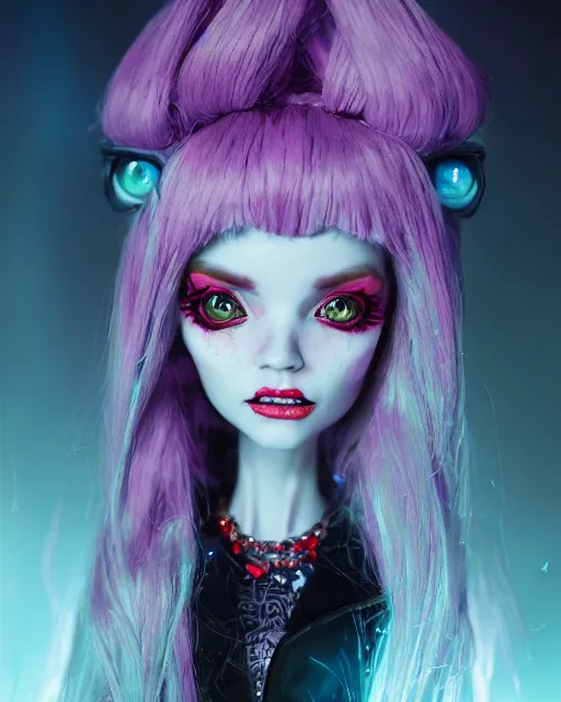 Prompt: portrait of monster high doll, stephen bliss, unreal engine, by greg rutkowski, loish, rhads, makoto shinkai and lois van baarle, ilya kuvshinov, rossdraws, global illumination, radiant light, detailed and intricate environment, pastel lighting