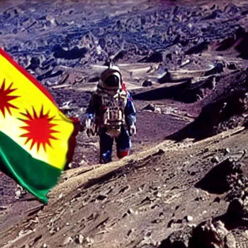 Image similar to kurdish astronaut holding a kurdistan flag in a movie directed by christopher nolan, movie still frame, promotional image, imax 7 0 mm footage