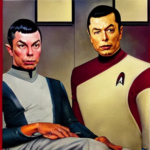 Prompt: a portrait painting of Elon Musk as Spock from Star Trek painted by Norman Rockwell