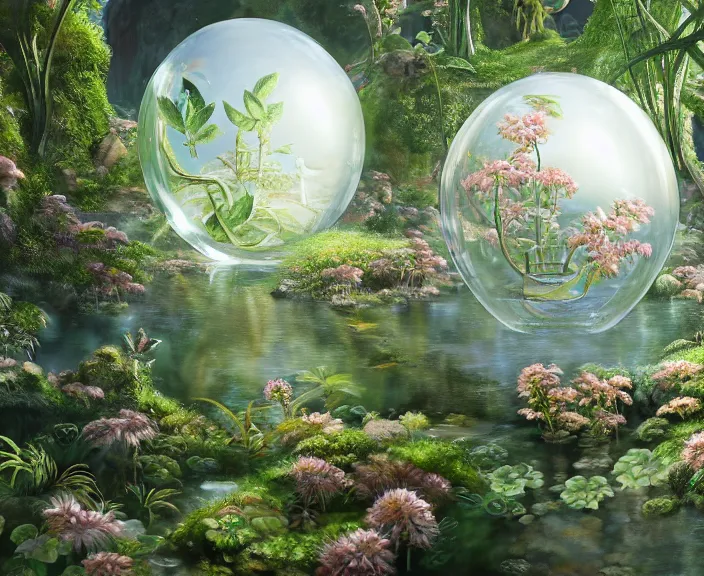 Prompt: elegance, transparent clear see - through image of many bubbles, lush botany, flowers, industrial plant environment, ultra realistic, concept art, photorealistic, octane render, 8 k, unreal engine. art by gustave dore and nori inoguchi and sam kaplan and zachary goulko and christopher marley and artgerm and alphonse mucha