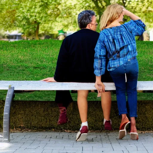 Prompt: a couple sitting on a park bench, felt pieces