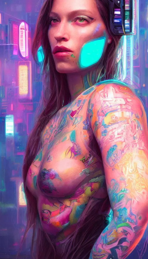 Image similar to a stunning highly detailed digital portrait of a cyberpunk woman in strong lighting, tattoos and electronics, neon reflections, pastel colors, by mandy jurgens, highly detailed, oil on canvas