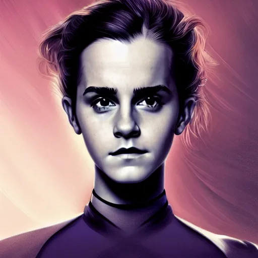 Prompt: realistic emma watson emperor of the known universe, perfect dramatic and dark portrait by rabbitary b, trending on artstation, deviantart, dune, low angle oil painting and composition laws, dark foggy background, timothee chalamet but he is older, man with thin lines on the face, medium - long curly brown hair, completely blue eyes, denis villeneuve cinematography