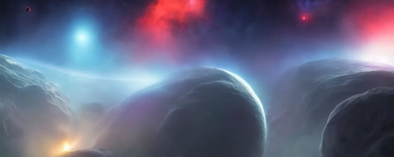 Image similar to cool smooth space colours, cinematic render of atmospheric diffuse deep space, asteroid belt, diffuse fog void, atmospheric perspective, volumetric lighting, cathrin machin, the expanse, john harris