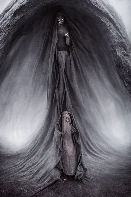 Image similar to dark hooded wraith, standing in front of hyper dimension portal into another realm, epic surrealism 8k oil painting, perspective, high definition, post modernist layering, by Sean Yoro, Peter Kemp