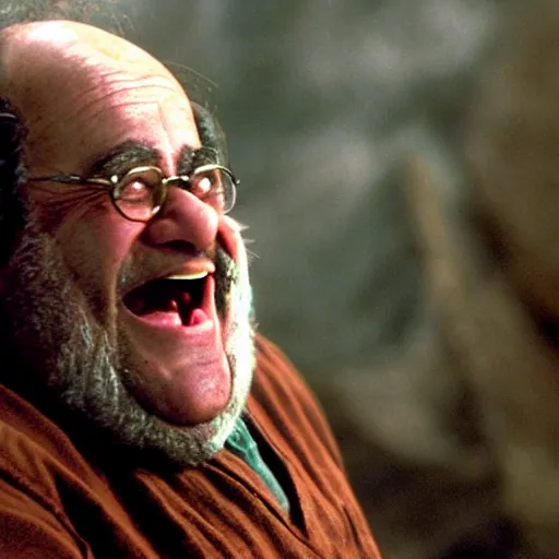 Image similar to the lord of the ring gimili played by danny devito laughing directed by peter jackson film still face close up dramatic lighting