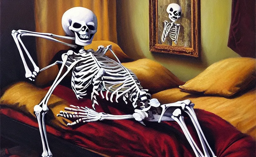 Prompt: classic oil painting, sleepy skeleton that is dressed!! in!! pajamas!!, by tim jacobus, goosebumps books, cold lighting, nightcap, sleepwear, slippers, dim bedroom, extreme clutter, knick - knacks, toys,