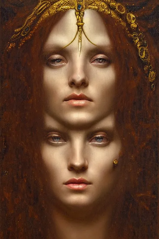 Prompt: hyper realistic painting portrait of raver queen, occult diagram, elaborate details, detailed face, intrincate ornaments, gold decoration, occult art, oil painting, art noveau, in the style of roberto ferri, gustav moreau, jean delville, bussiere, saturno butto