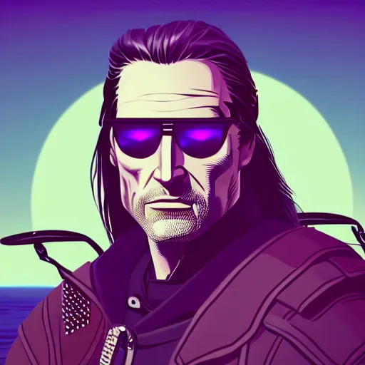 Prompt: 3 / 4 view closeup portrait of geralt of rivia with light blue shutter shades in front of a sunset, a dark purple leather jacket, vector art by jan tengnagel, pixabay contest winner, retrofuturism, retrowave, synthwave, outrun, portrait, synthwave