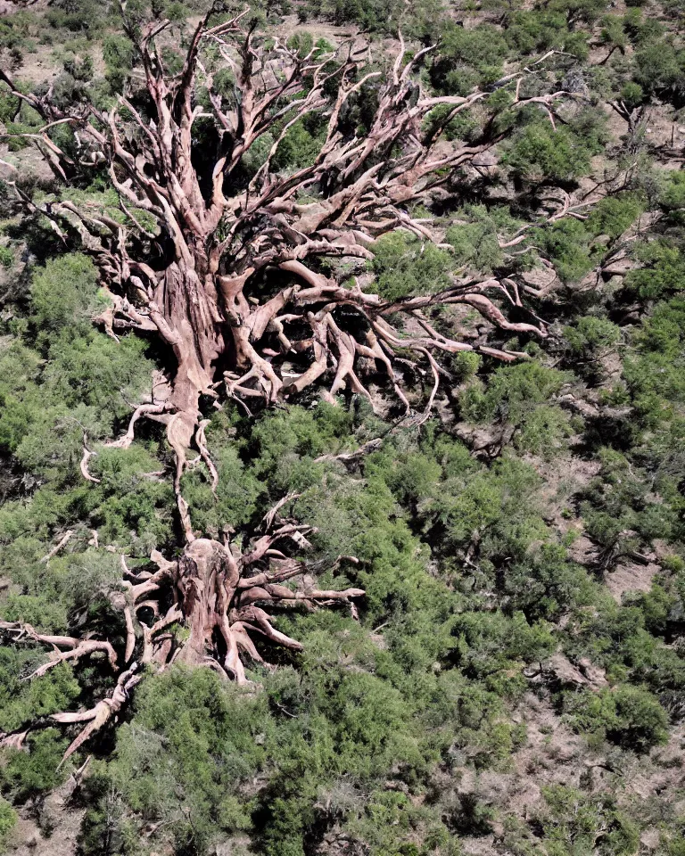 Image similar to A giant mythical wretched tree made of human flesh, limbs and bones growing on corpses in the middle of a desert canyon. Bird view.