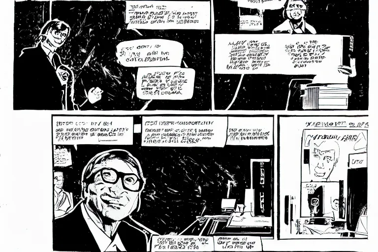 Image similar to microsoft co - founder bill gates presenting the xbox at ces, a page from cyberpunk 2 0 2 0, style of paolo parente, style of mike jackson, adam smasher, johnny silverhand, 1 9 9 0 s comic book style, white background, ink drawing, black and white