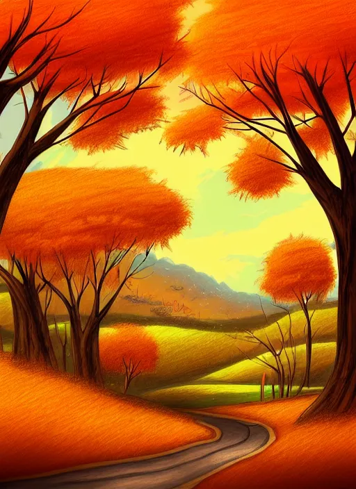 Image similar to beautiful drawing of a landscape in autumn, happy and cartoonish background, by tokenin, by glitchedpuppet, gradient orange, black, cream, brown and white color scheme, trending in artstation, award winning illustration