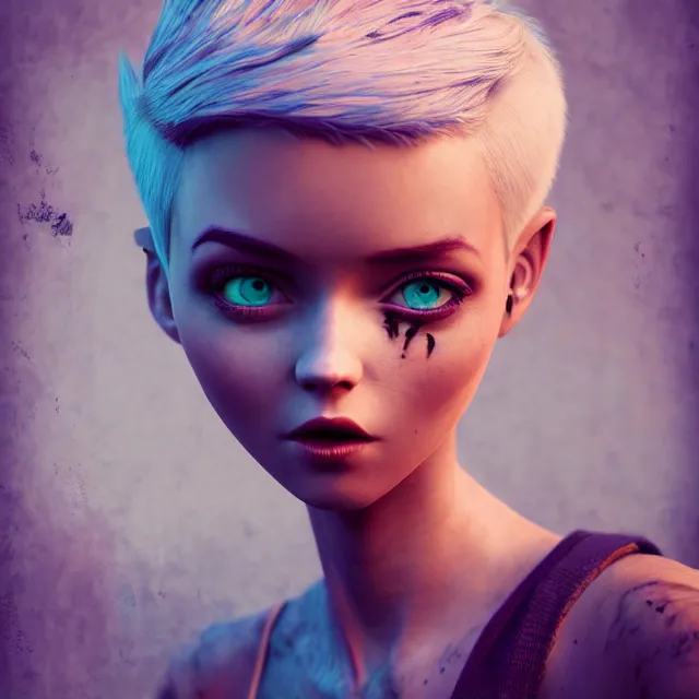 Image similar to full body pose, beautiful adult fairy, pixar, short white hair shaved sides, dirty, grungy, grunge, long sleeve, painted overalls, stacks of giant books, highly detailed, 4 k, hdr, smooth, sharp focus, high resolution, award - winning photo, artgerm, photorealistic