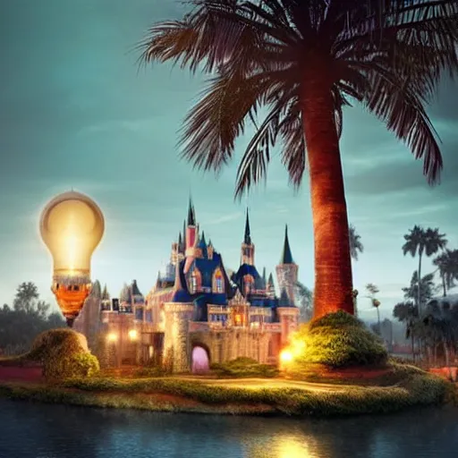 Prompt: the disney castle surrounded by giant palm trees on a giant floating island in the sky at night, a huge light bulb above the island illuminates the island, cinematic, digital art by erik johansson, 8 k resolution, hyper detailed, hyper realistic, sharp focus, unreal engine 5