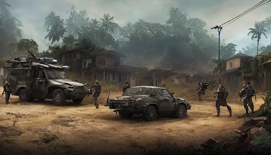 Prompt: a militarized police vehicle riding through a kerala village, troops searching the area, furious action scene, an epic fantasy, dramatic lighting, cinematic, establishing shot, extremely high detail, photorealistic, cinematic lighting, artstation, matte painting, octane render, by simon stalenhag, shadow of the tomb raider, diorama
