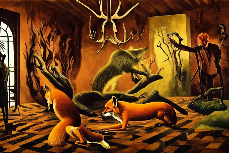 Prompt: ( ( a beautiful masterpiece painting ) a english fox hunter and a monster in a hunting lodge ( by ( remedios varo ) and ( anato finnstark ) and ( greg rutkowski ) and ( andy warhol ) and i ( francis picabia ) ) ( camouflage ) ( hyperrealism ) ( trending on artstation )