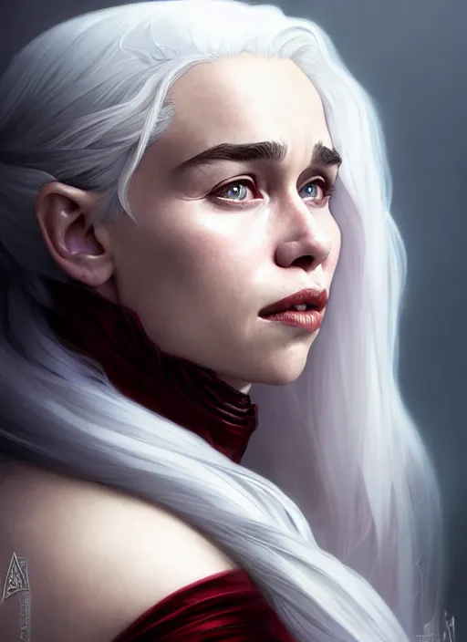 Image similar to portrait of emilia clarke with white hair as a vampire lord, jewelry, greek, ruby, intricate, headshot, highly detailed, digital painting, artstation, concept art, sharp focus, cinematic lighting, illustration, art by artgerm and greg rutkowski, alphonse mucha, cgsociety