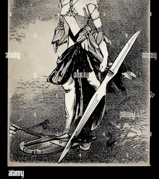 Image similar to 19th century wood-engraving of Ryūko Matoi cosplayer holding Scissor Blade, whole page illustration from Jules Verne book, art by Édouard Riou Jules Férat and Henri de Montaut, frontal portrait, high quality, beautiful, removed watermarks