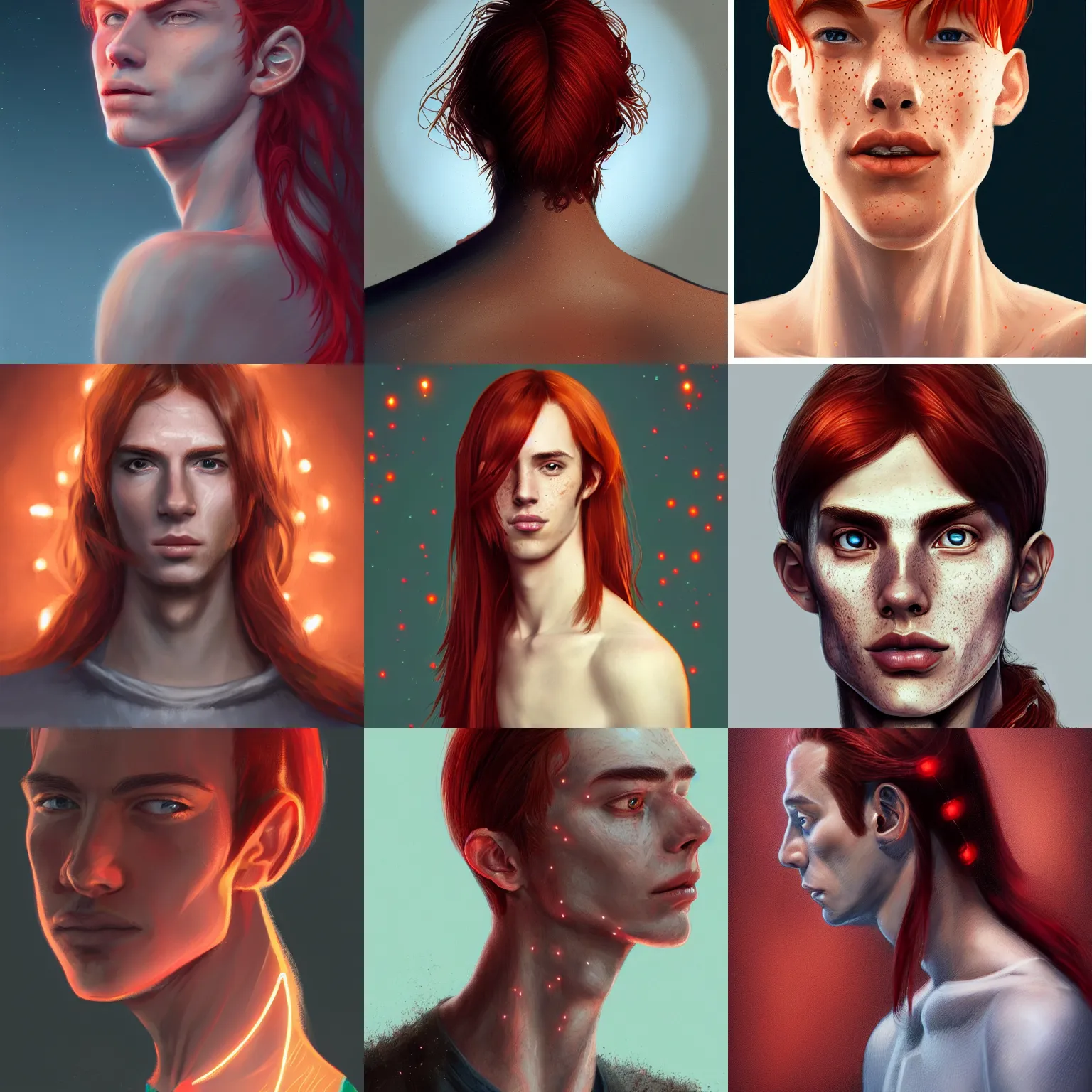 Image similar to portrait of a thin young man with long red hair, ponytail, a lot of freckles on his face, intricate, elegant, glowing lights, highly detailed, digital painting, artstation, concept art, smooth, sharp focus, illustration