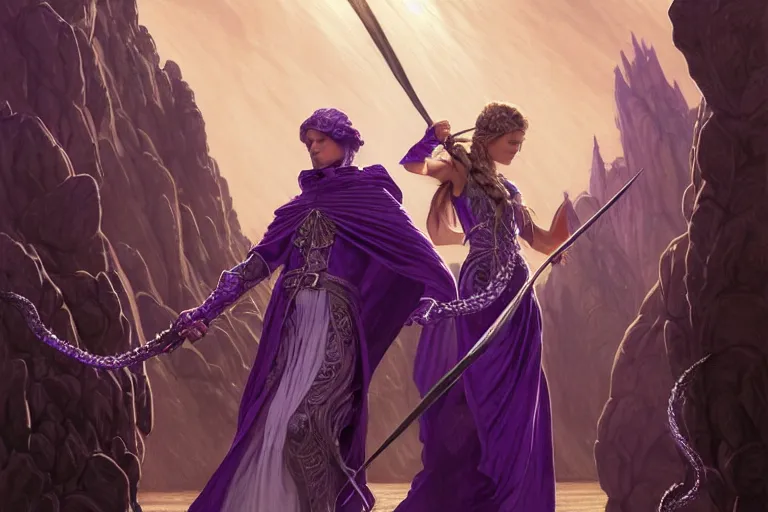 Prompt: mage fighting a hydra, cloth mantle, blonde braided hair mage wearing gothic carved crystal robe, purple mountain, movie action still frame, wide field of view, intricate, elegant, highly detailed, hyper realistic, digital painting, concept art, smooth, sharp, focus, illustration, art by artgerm, greg rutkowski, ilya kuvshinov, alphonse mucha