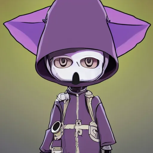 Image similar to cute little boy wearing an skull mask and dressed in an nun outfit in desert, purple color palette, artwork made in made in abyss art style, inspired in ddtank and hirohiko araki, ray tracing, soft details, anatomically correct