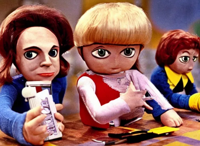 Image similar to a scene from a 1 9 7 0 s british kids tv programme by the bbc and gerry anderson, puppets, supermarionation, vhs distortion, folk horror, hauntology