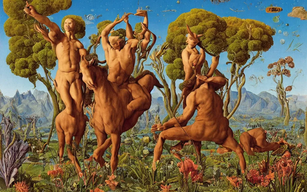 Image similar to a portrait photograph of a meditating satyr and a centaur monk riding a rocket machine and hunting at a river delta. surrounded by bulbous flowers and trees. mountain range under a blue sky of fiery stars. by jan van eyck, max ernst, ernst haeckel, ernst fuchs and artgerm, cgsociety, fashion editorial, 8 k