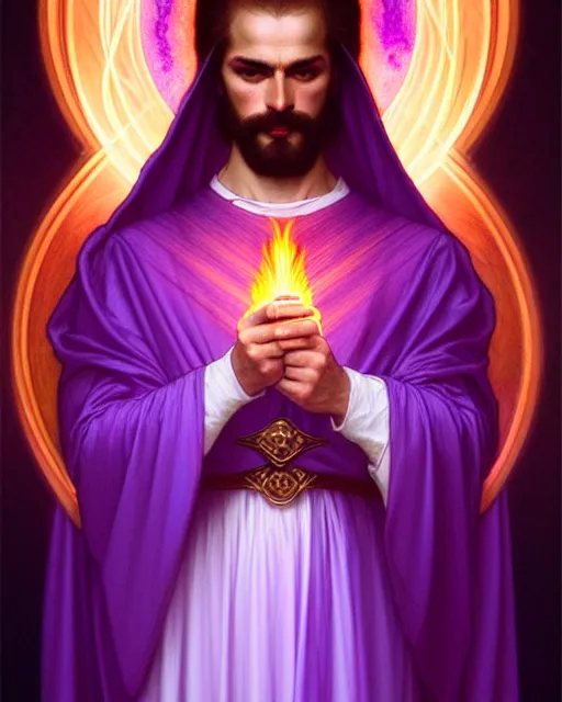 Image similar to violet fire, portrait of saint germain holding a violet colored flame, purple fire, intricate, elegant, highly detailed, digital painting, artstation, concept art, smooth, sharp focus, illustration, art by artgerm and greg rutkowski and fra angelico and alphons mucha