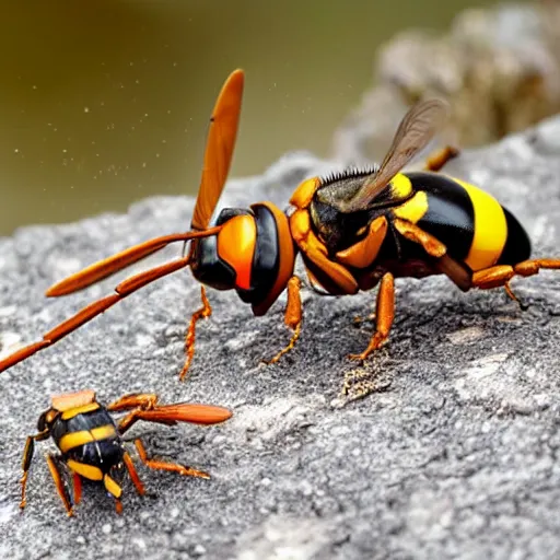 Prompt: giant wasps that are attacking crabs, hellish landscape, thunderstorm