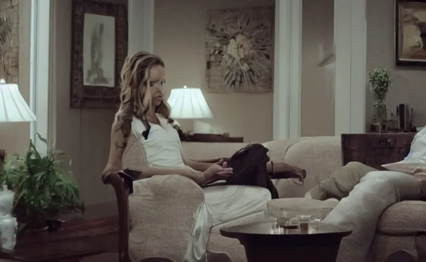 Image similar to an ocotopus waiting on the couch for the phychiatrist to come in, still from the movie her
