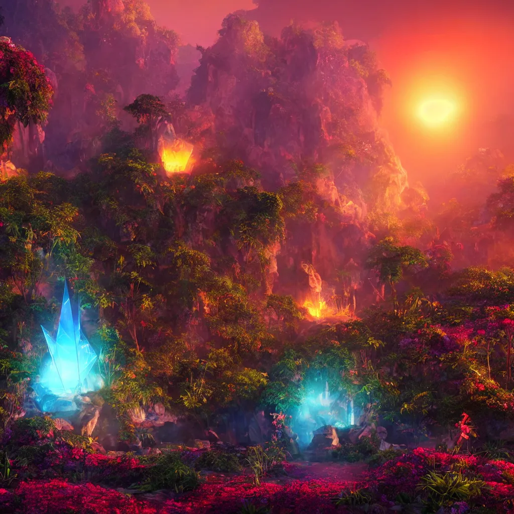 Prompt: a glowing crystal tetrahedron!!! in the middle of ancient ruins in a lush prehistoric jungle, inside a humongous cave, red and magenta flowers, sunset, godrays, orange sky, haze, waterfall, volumetric lighting, a beautiful and stunning digital render, photorealistic, unreal engine 5, ultra detail, trending on artstation