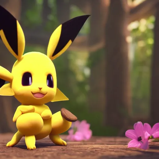 Image similar to nymph render of a very cute Pichu wearing straw hat pokemon, adorable eyes, cute smile, full round face, bright sunny time, serene forest setting, medium shot, mid-shot, highly detailed, trending on Artstation, Unreal Engine 4k