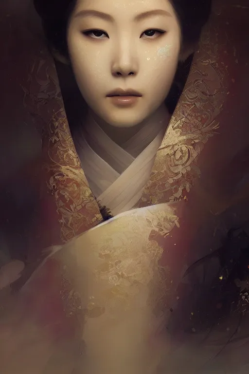 Image similar to Japanese princess, gorgeous, close-up portrait, intricate, elegant, volumetric lighting, scenery, digital painting, highly detailed, artstation, sharp focus, illustration, concept art, ruan jia, steve mccurry