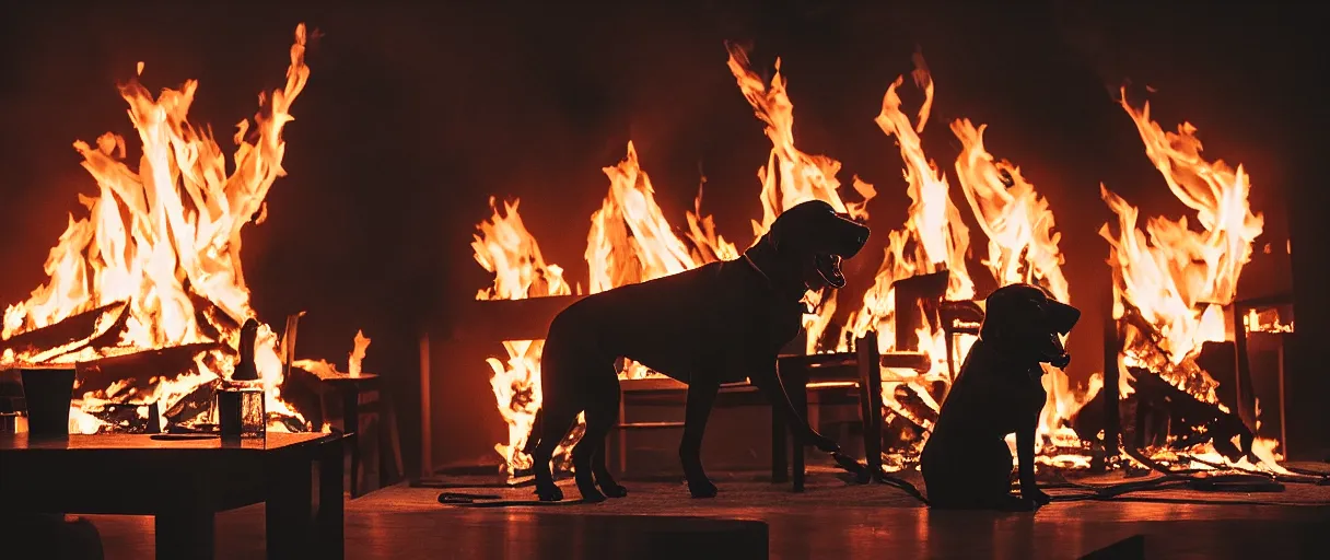 Image similar to a studio photograph (big flash on) of a huge fire on a dining room on fire in the background, in the foreground a relaxed dog sitting on a wooden chair at a table (no fire at all there), lights on, ☕ on the table, surrounded by flames, a lot of flames behind the dog, black smoke instead of the ceiling, no watermark