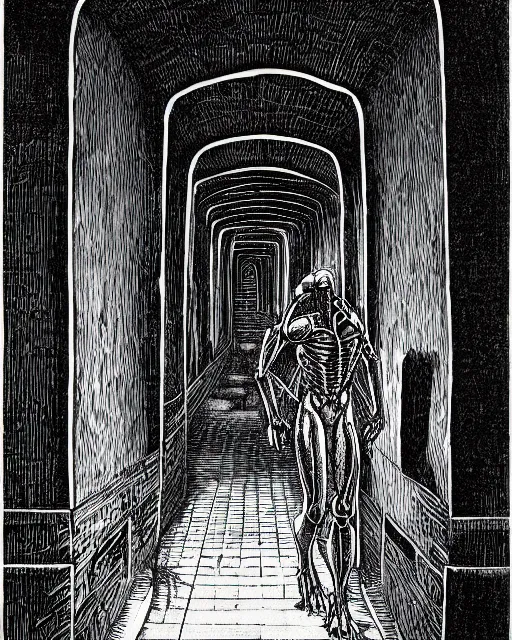 Prompt: an illustration of a xenomorph, full body, prowling in a dungeon corridor, pen-and-ink illustration, etching, by Russ Nicholson, DAvid A Trampier, larry elmore, 1981, HQ scan, intricate details