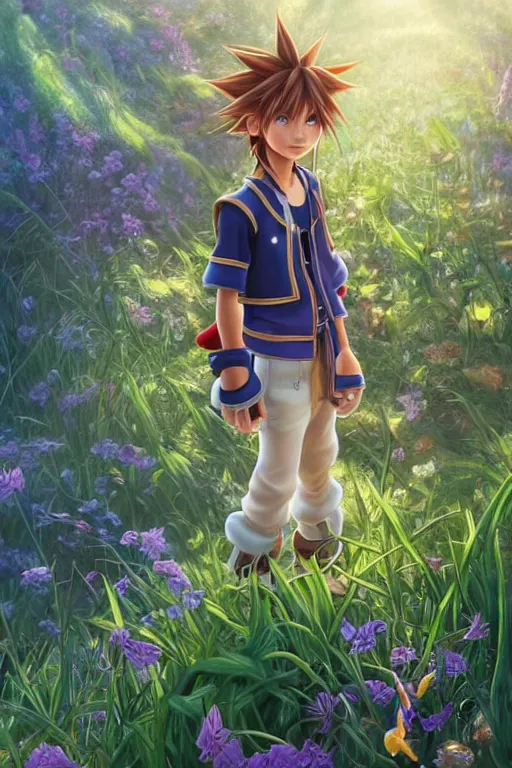 Image similar to sora from kingdom hearts, wavy hairstyle, highly detailed, in a magical lush field of overgrown plants, goofy and Donald Duck blurred in the background, digital painting, artstation, concept art, smooth, sharp focus, illustration, cinematic lighting, art by artgerm and greg rutkowski and alphonse mucha