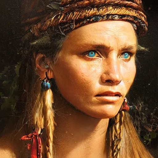 Image similar to portrait of a germanic hunter - gatherer tribe woman ( 3 5 ) from the the netherlands, an oil painting by ross tran and thomas kincade