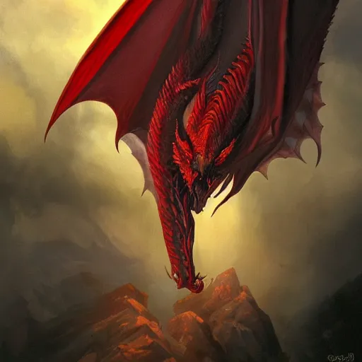 Image similar to red dragon close up by greg rutkowski, drark, marvel comics, dark, plutus su and chris scalf and lucas graciano and billy christian, symmetrical, mountains, red and gold color palette, painting, d & d, fantasy, detailed, realistic, complimentary colors, light, artstation, cinematic, dramatic lighting, close up, storm clouds, hudson river school