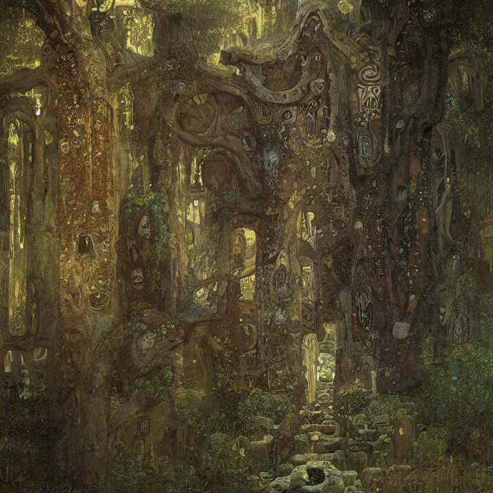 Image similar to ancient overgrown! ruins, medieval gates, runestones, mysetrious etherial mesmerizing runic!!, eyes, magical elven geometry, concept art by gustav klimt!, deviantart contest winner, environmental art, high detail, greg rutkowski