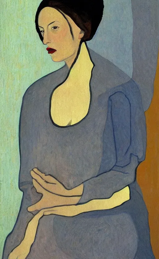 Prompt: a painted portrait of a women, art by felice casorati, aesthetically pleasing and harmonious natural colors, expressionism, fine day, mid shot portrait