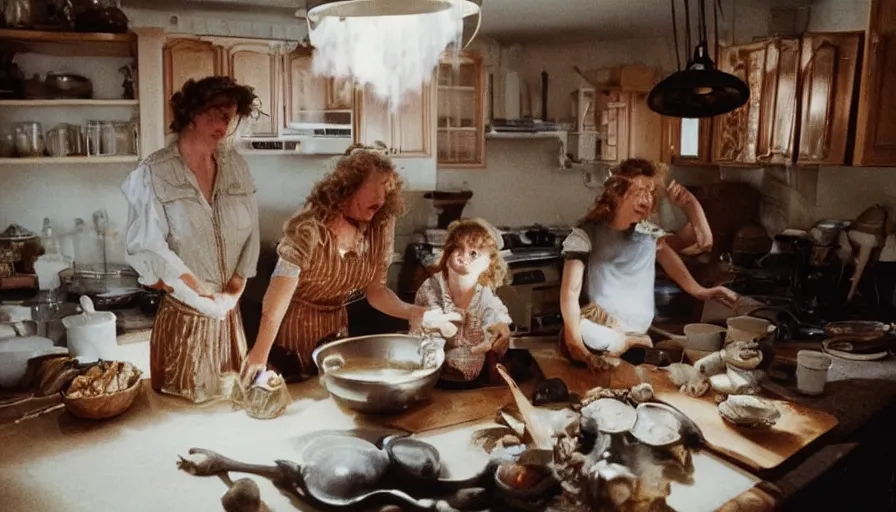 Image similar to 1990s candid 35mm photo of a beautiful day in the family kitchen , cinematic lighting, cinematic look, golden hour, mom is witch and cooking a potion in a cauldron, witches broom, smoky potion brewing in the kitchen, skulls and bats, UHD