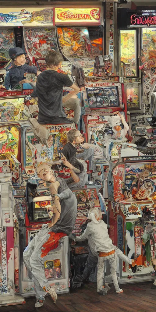 Image similar to oil painting scene from amusement arcade by kim jung gi