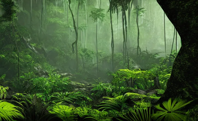 Image similar to a beautiful render of a dark prehistoric rainforest, lush flora, patches of yellow sky, dark green leaves, dark shadows, mountains and a waterfall in the background, intricate detail, hazy, humid, volumetric lighting, 8 k, photorealistic, raytracing effects, unreal engine 5