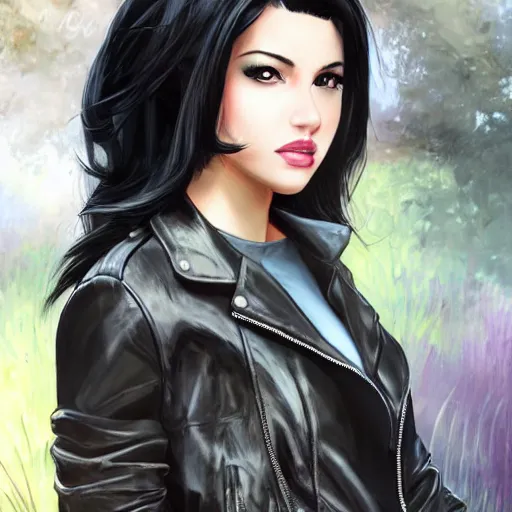 Image similar to woman with black hair and a leather jacket in a beautiful park, art by artgerm